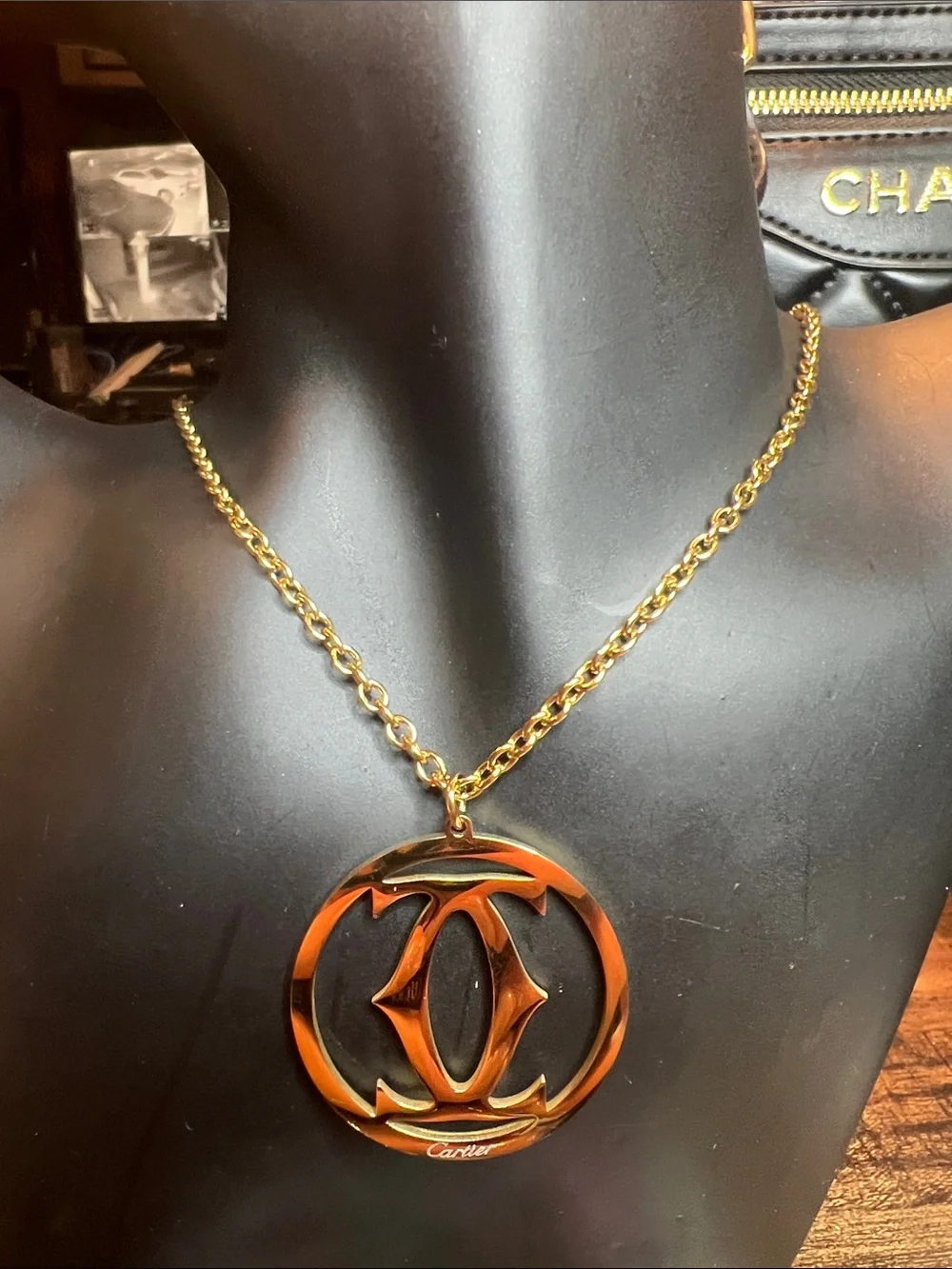Gold and Black Circular Logo Pendant Necklace